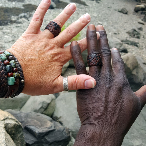 Kama Braided Leather Rings on hands