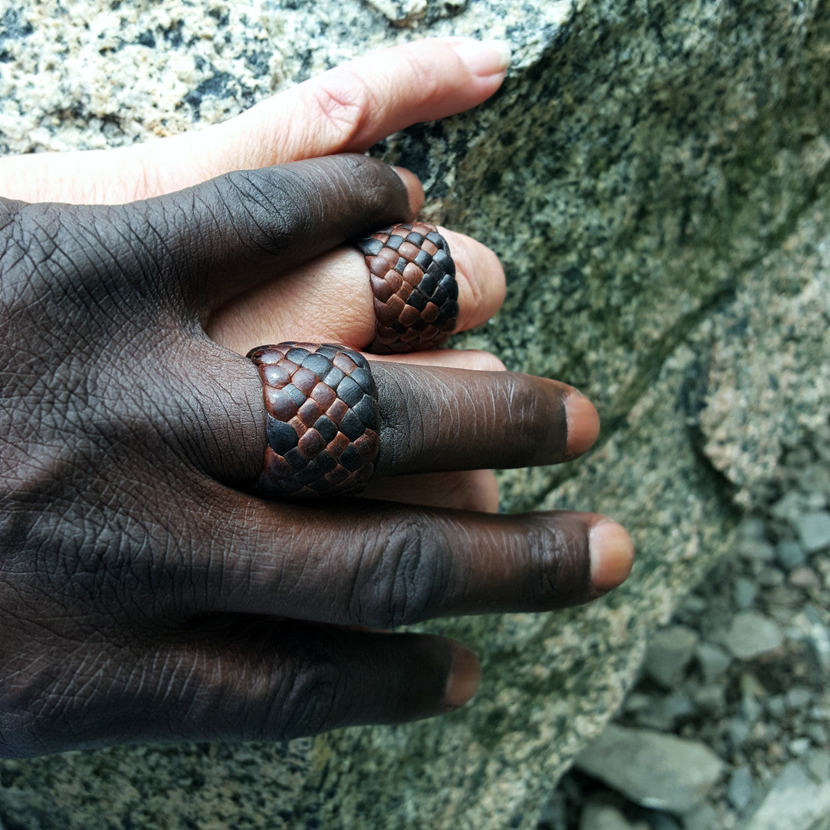 Leather Rings | male and female models hands wearing Kama Braided Leather Rings