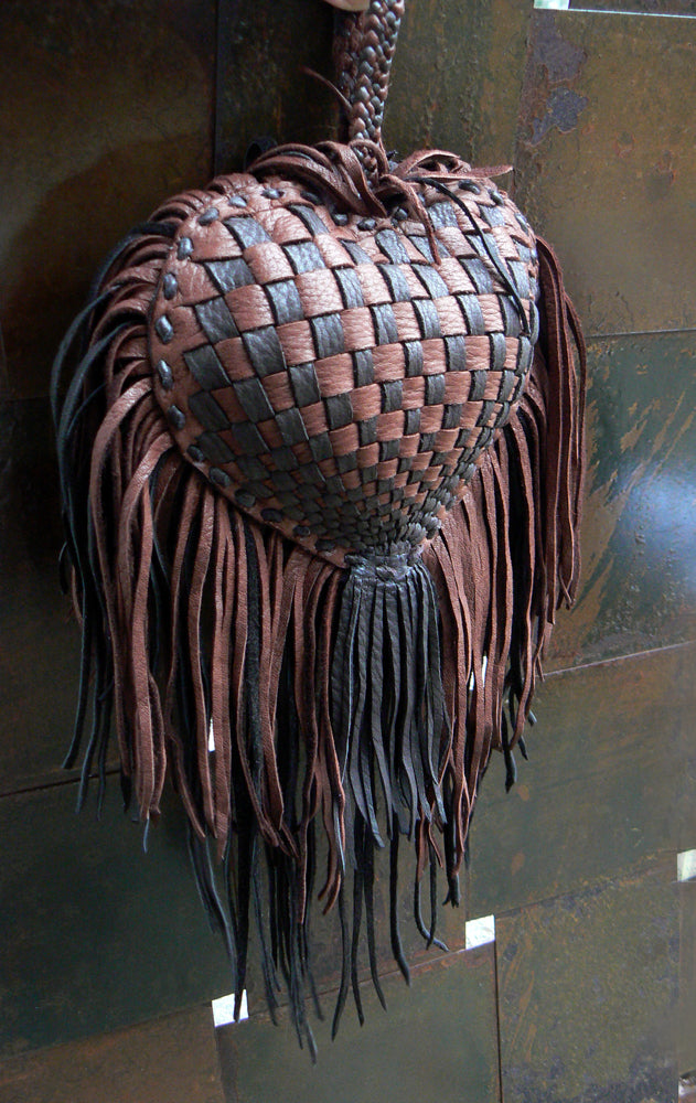Chocolate and Mahogany, Me Dowappa Leather Hanging pillow - basketweave leather, leather flowers and fringe