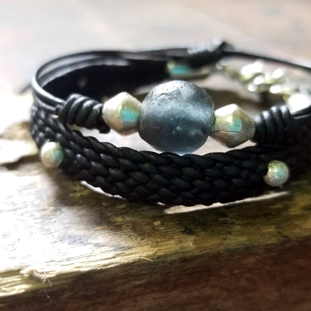 Jayla Denim Blue African Glass Beaded Bracelet with Yuki Braided Leather Bracelet