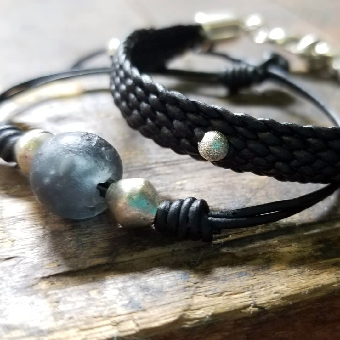 Charcoal color African Glass Bead with Silver Dome African Beaded bracelet