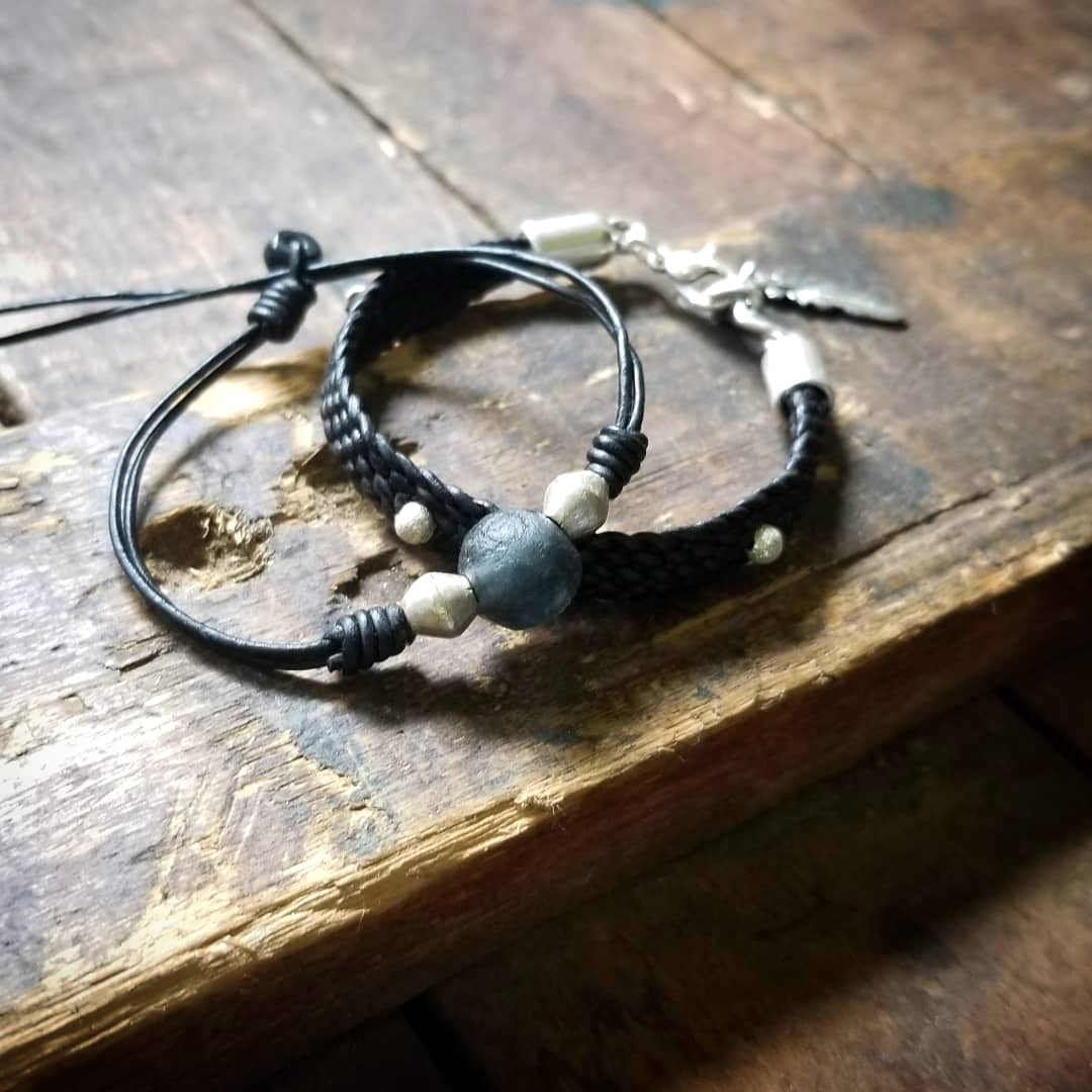 Jayla Leather Bracelet in Black, Silver & Charcoal with Yuki also in Black & Silver