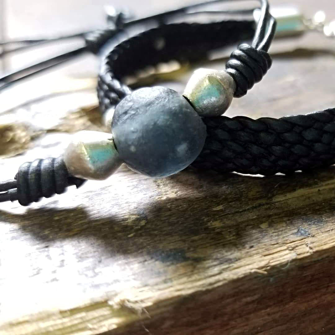 Close up of Jayla in Black leather with Silver Dome Beads & Charcoal African Glass Bead