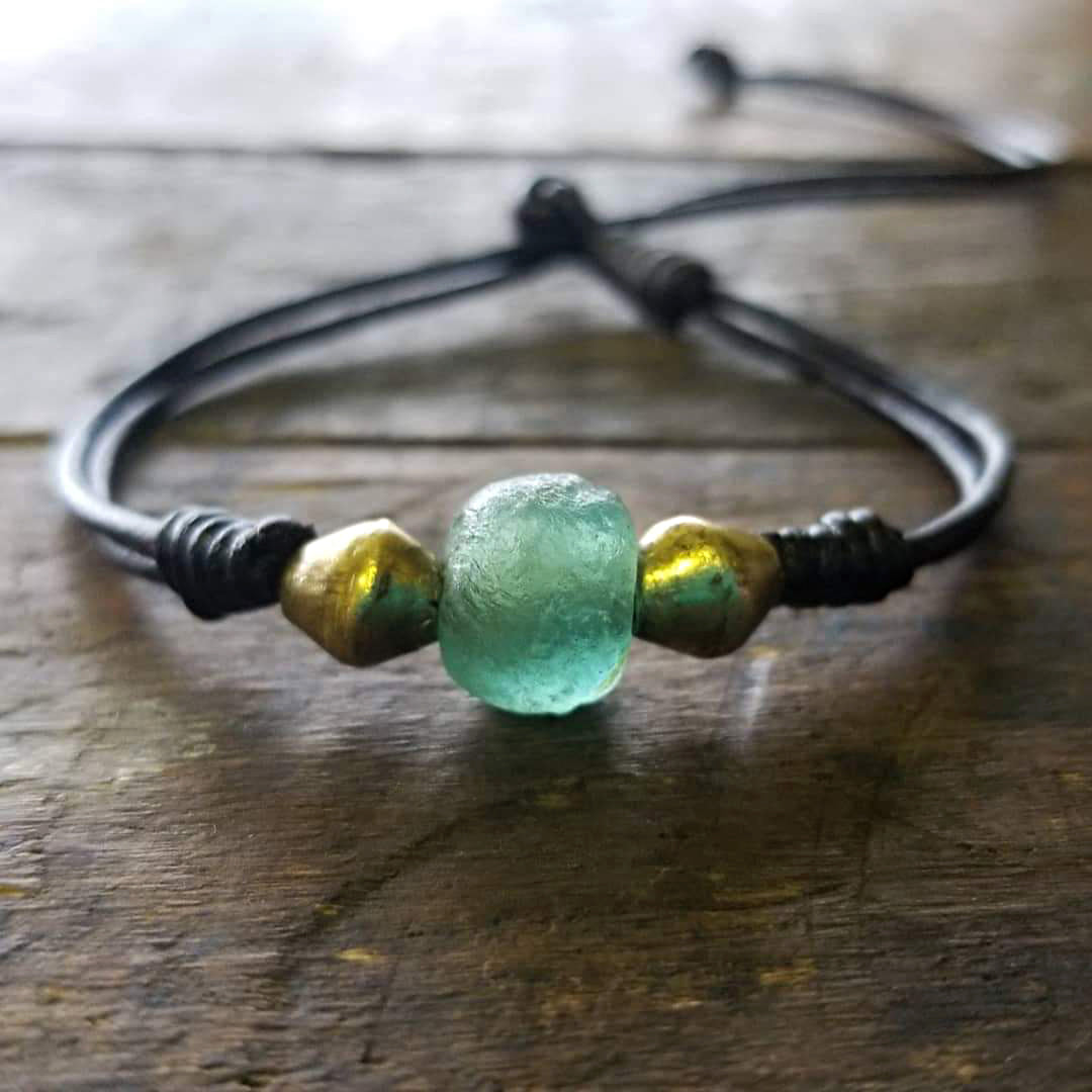 Aquamarine African Glass Bead Leather Bracelet