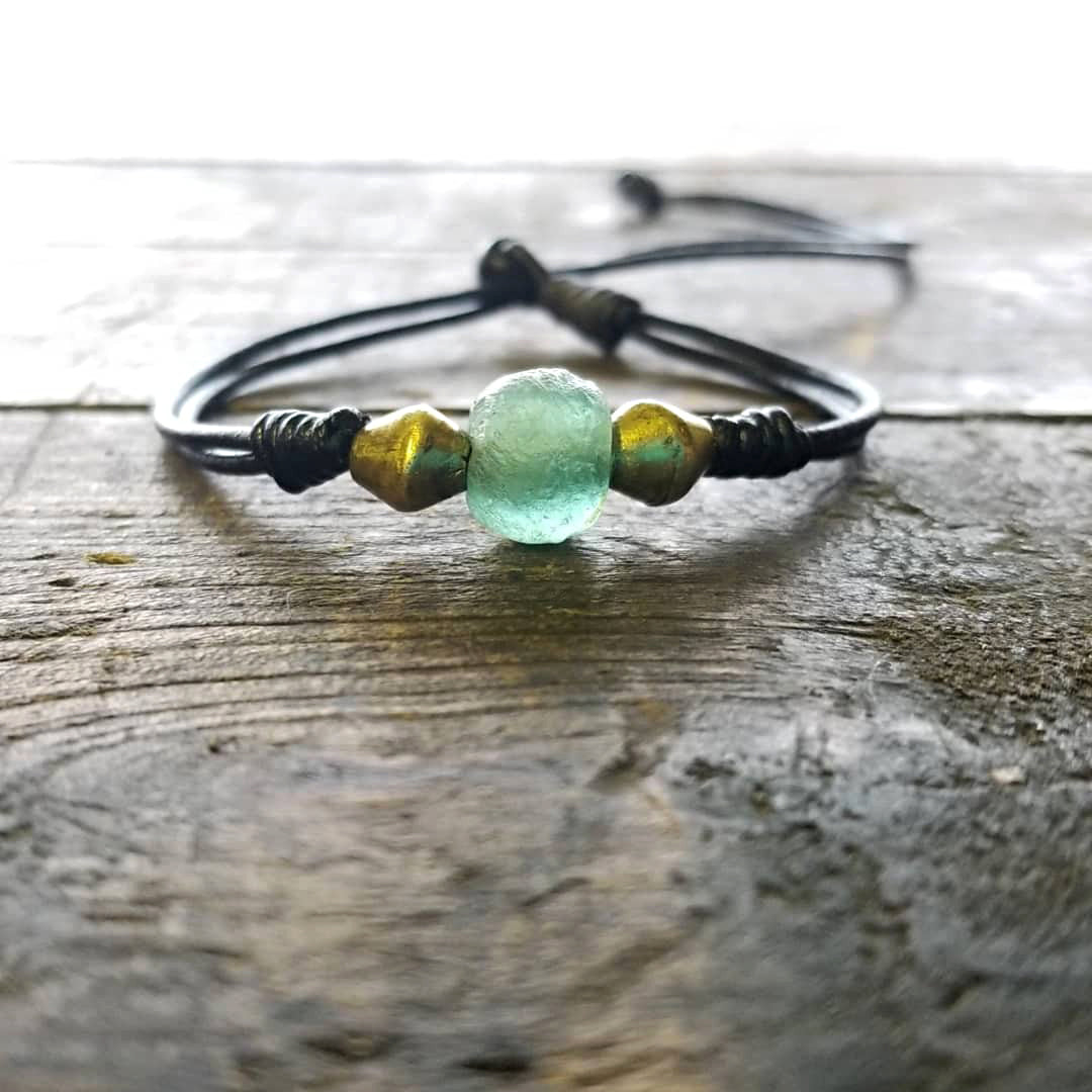 Jayla Aquamarine African Glass Beaded Adjustable Leather Bracelet