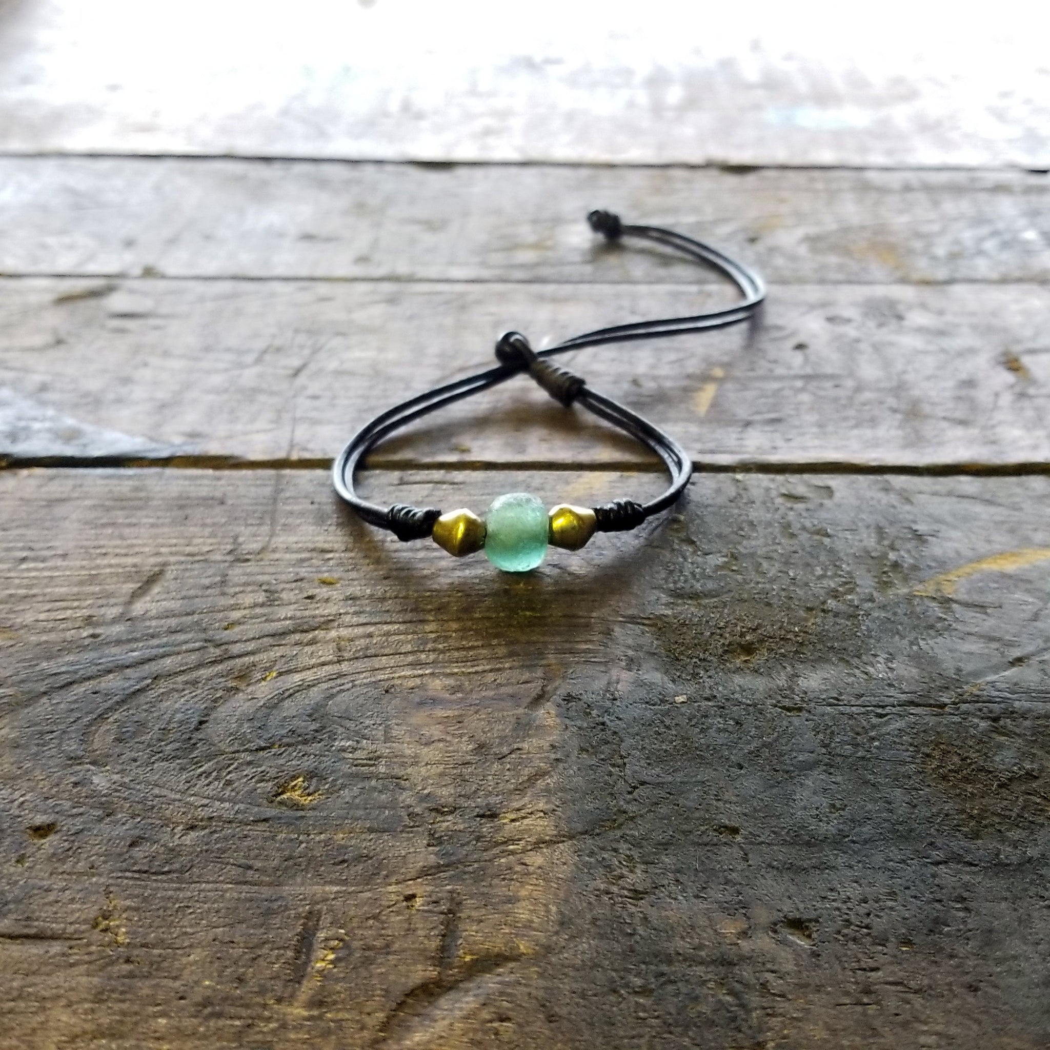 Jayla Aquamarine African Glass Beaded Adjustable Leather Bracelet