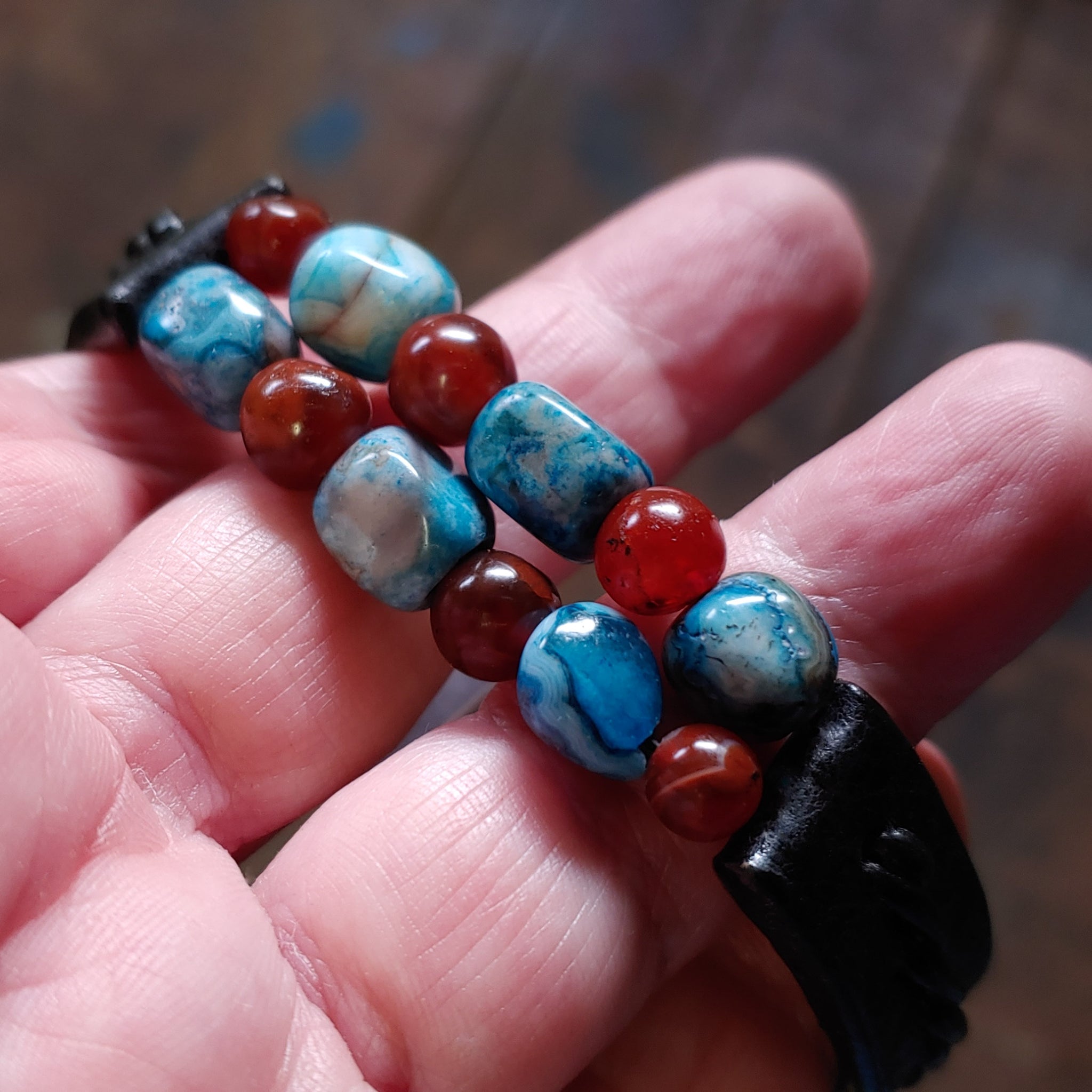 Kuende Gemstone Beaded Bracelet in Black with Blue Crazy Lace Agate  Red Carnelian Beadds