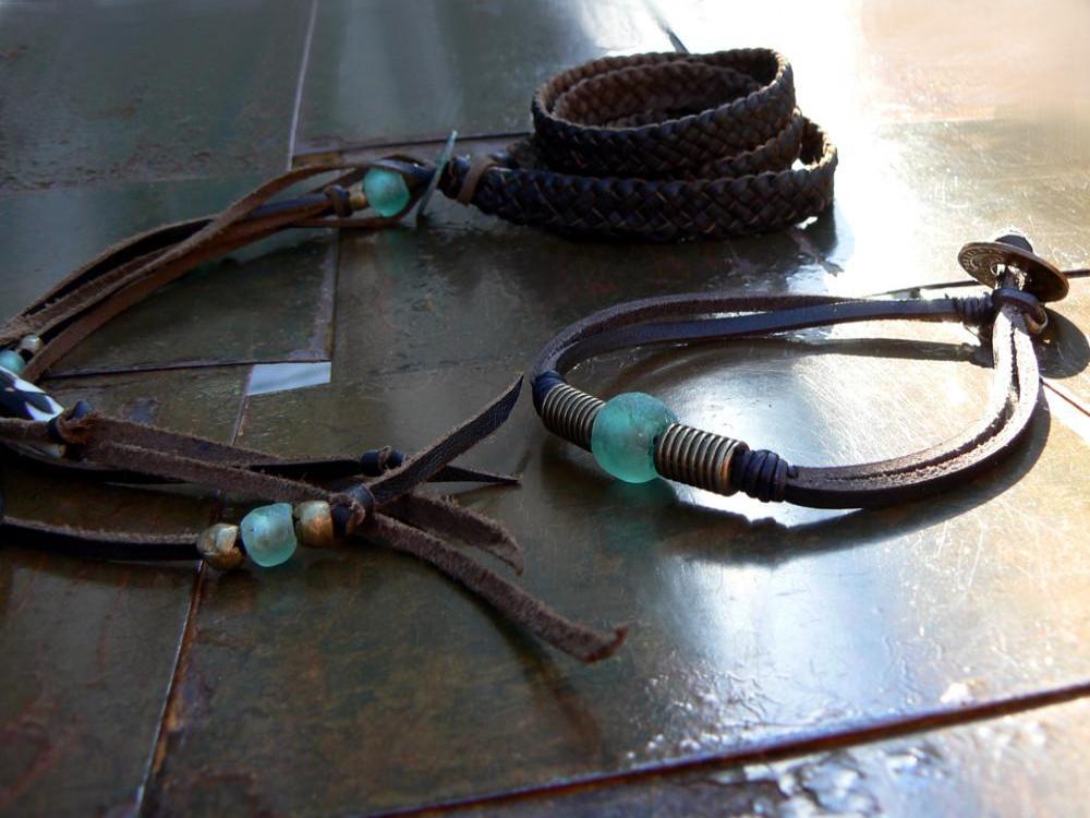 Zuna and Powa leather bracelets; Aquamarine African Glass, Antique Brass, African Coin & Batik Bone Bead