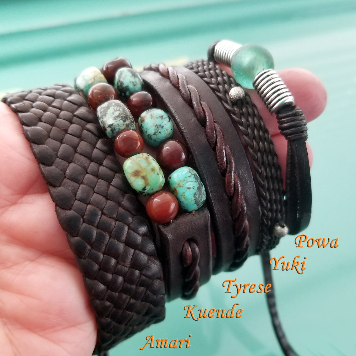 Kuende African Turquoise & Red Carnelian Beaded Braided Leather Bracelet with Tyrese Stair Step Braided Leather Bracelet, Amari Braided Leather Bracelet, Yuki Braided Leather Bracelet, and Powa African Recycled Glass Bead Leather Cord Adjustable Bracelet