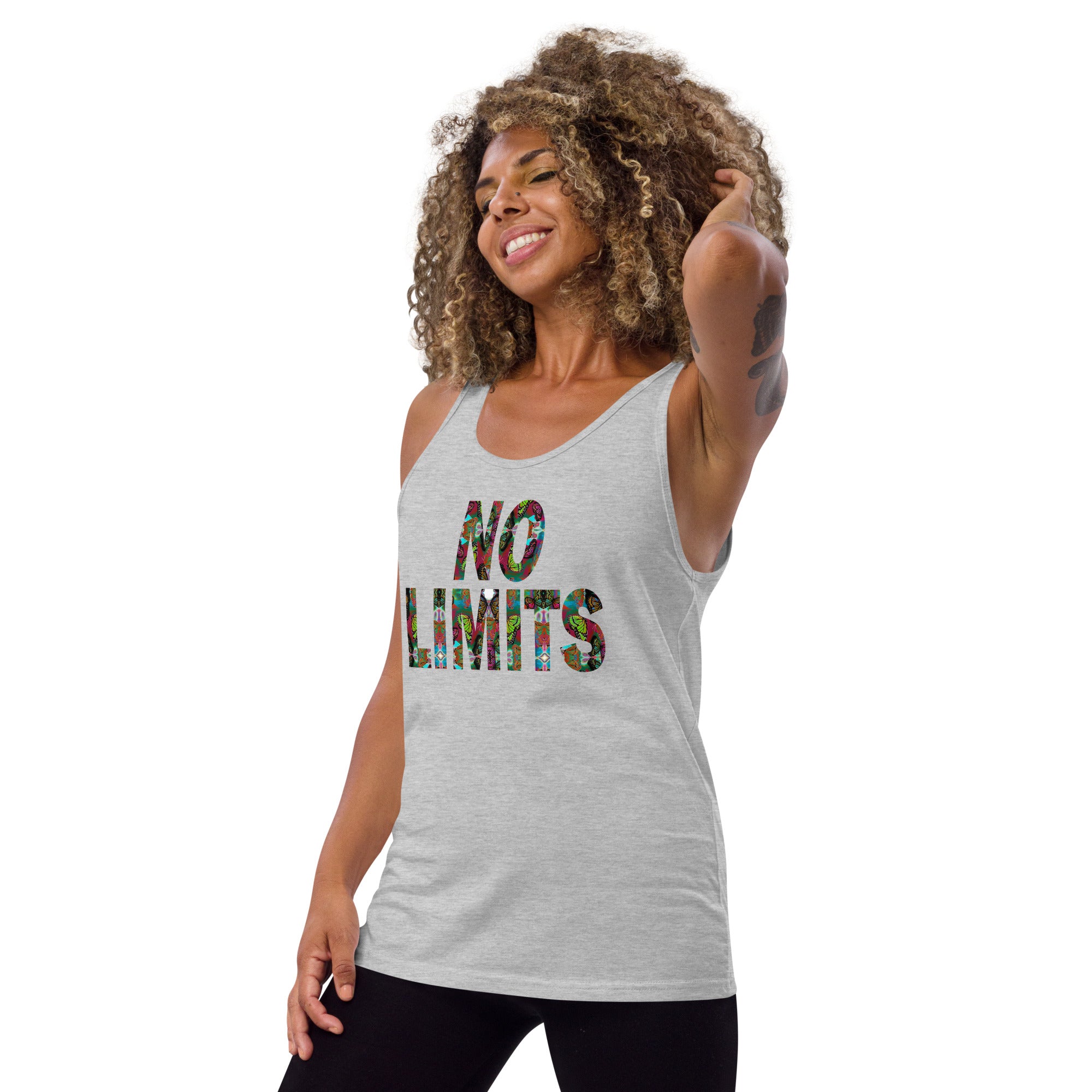 NO LIMITS ~ Unisex Graphic Tank Top, Butterfly Word Art No Sleeve Tee