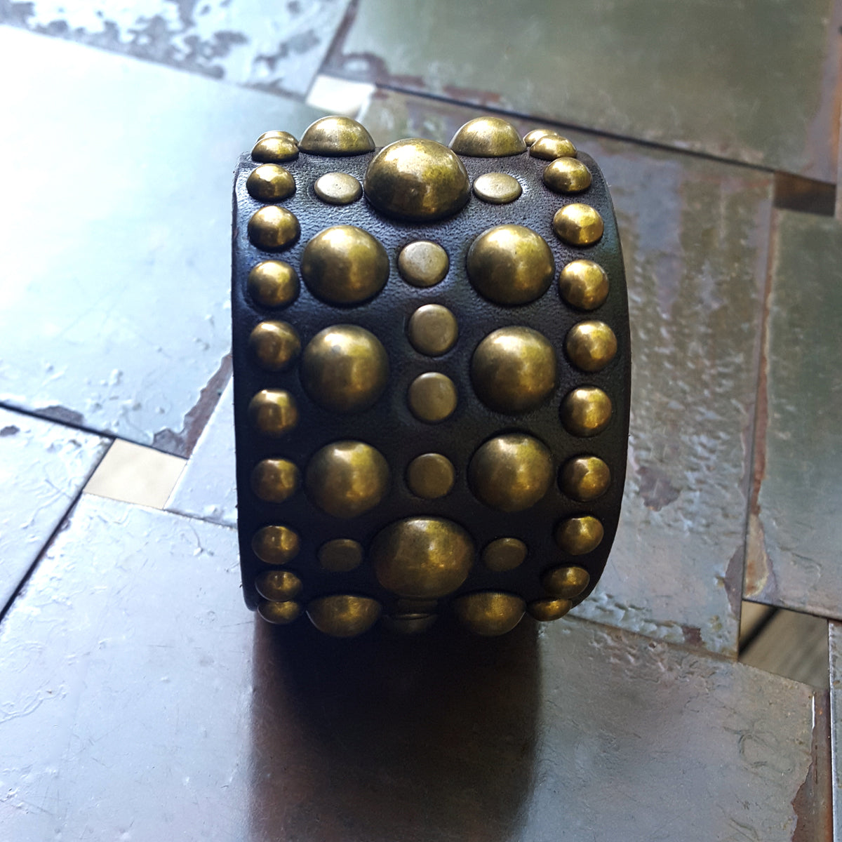 Midas Afro-Grecian Antique Brass & Leather Rivet Cuff chocolate