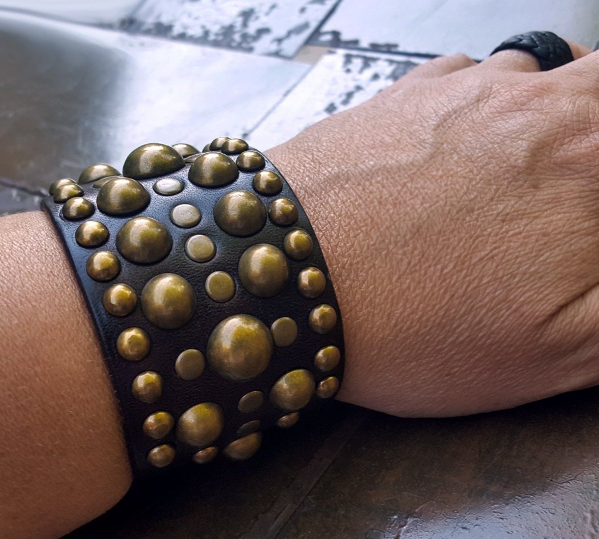Midas Afro-Grecian Antique Brass & Leather Rivet Cuff chocolate on model hand