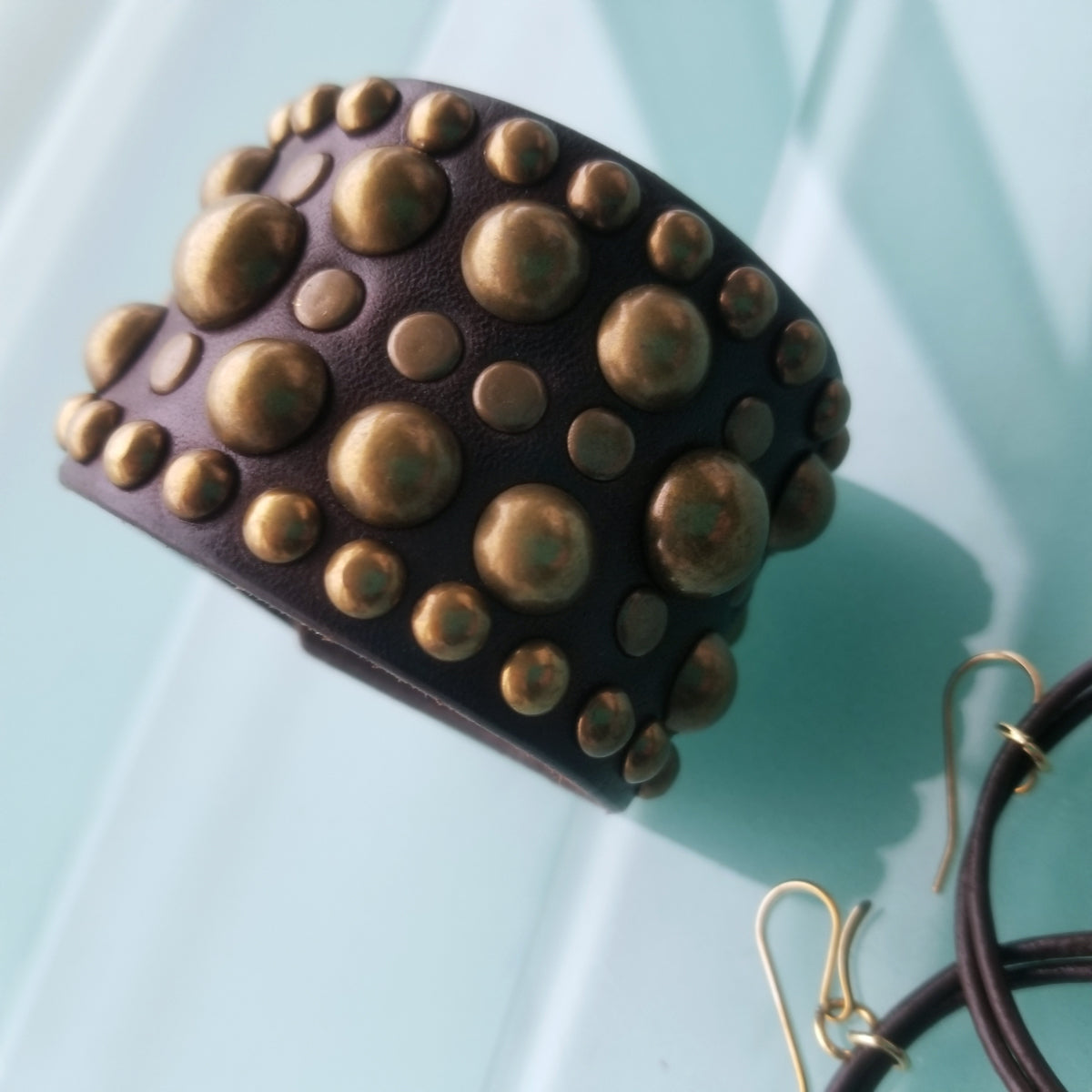 Midas Wide Leather Studded Cuff in Chocolate Brown and Antique Brass