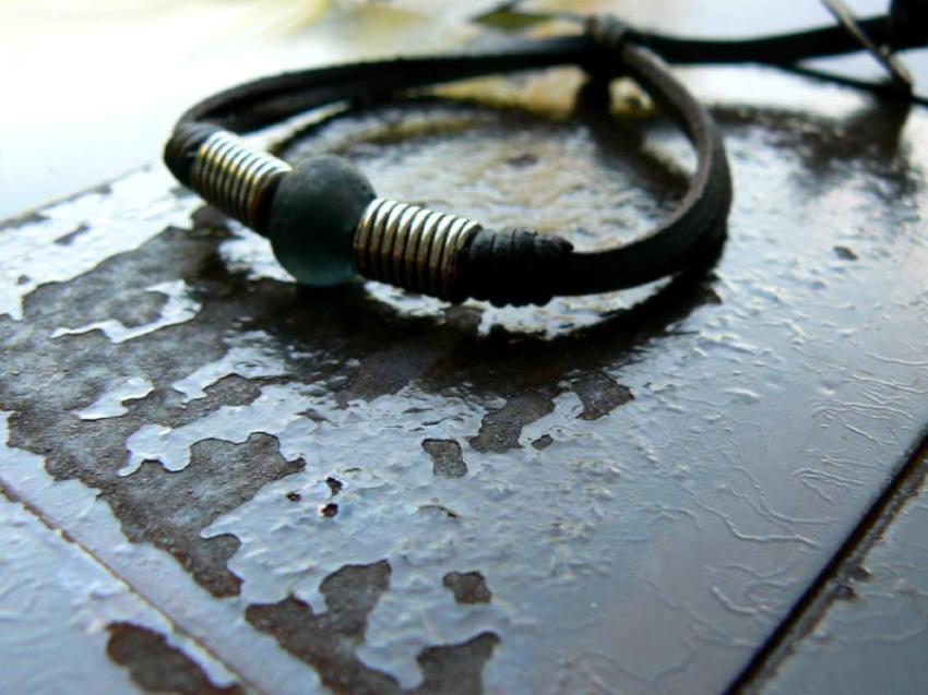 Charcoal African Glass Bead Leather Bracelet, Adjustable Cord Stacking Bracelet