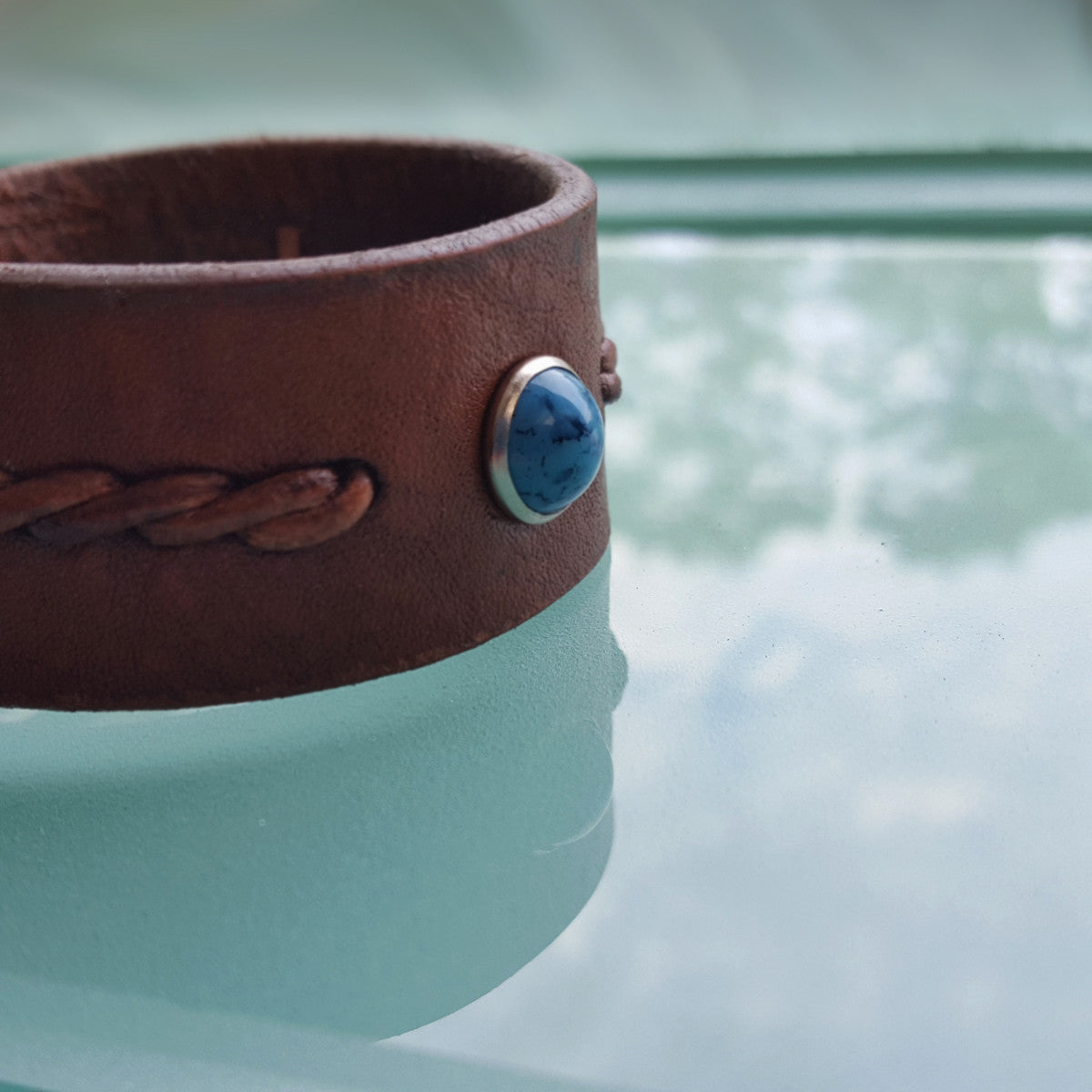 men's women's Turquoise Leather Bracelet | Wide Reyes Twist Braided Bracelet in the color tobacco  