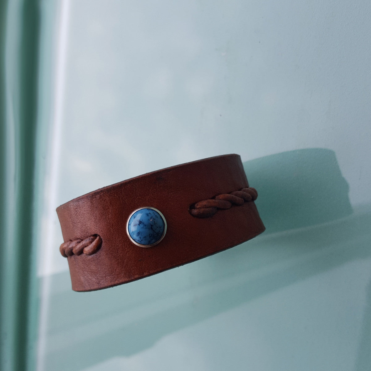 Wide Reyes men's women's unisex twist braided leather turquoise bracelet in the color tobacco