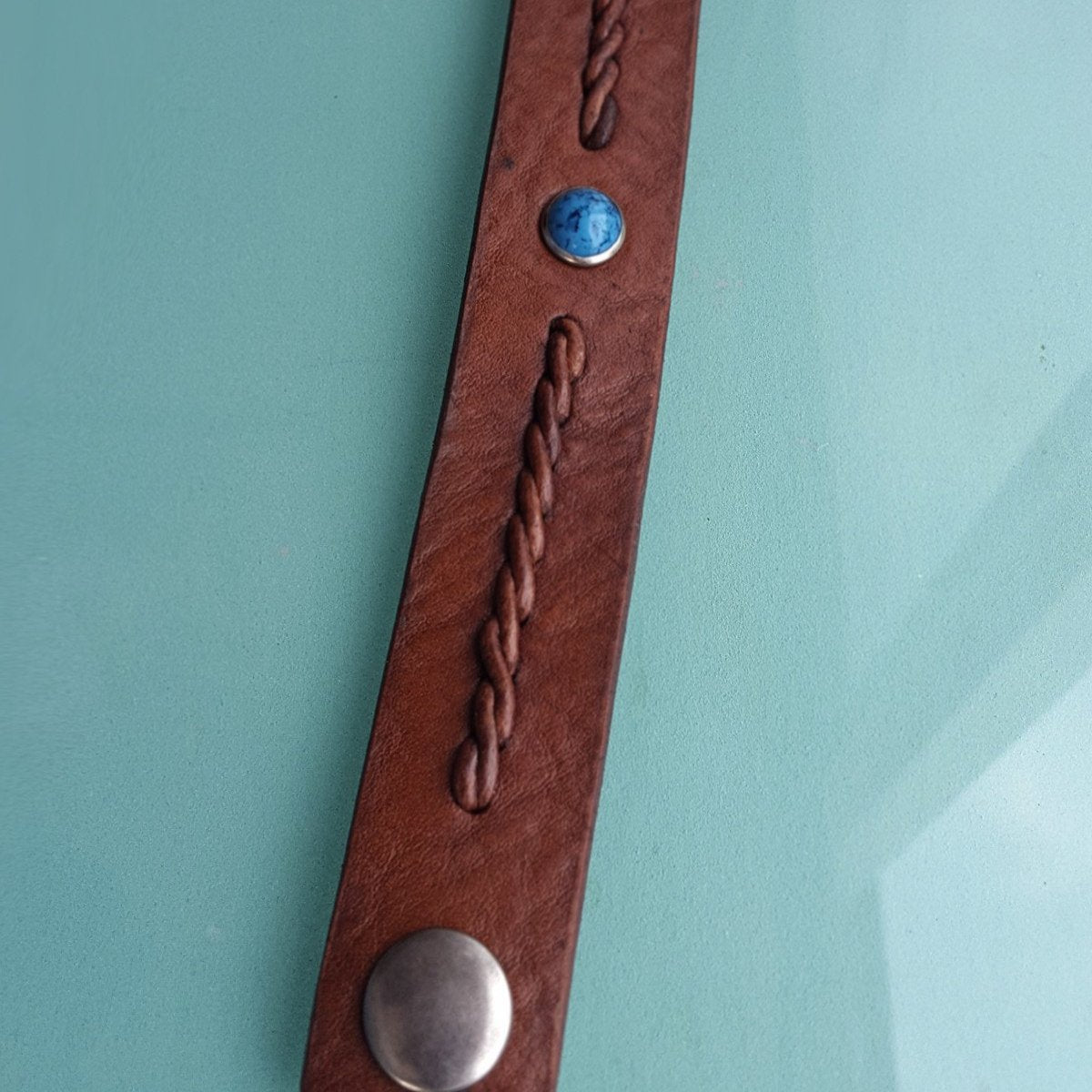 Wide Reyes men's women's unisex twist braided leather turquoise bracelet in the color tobacco