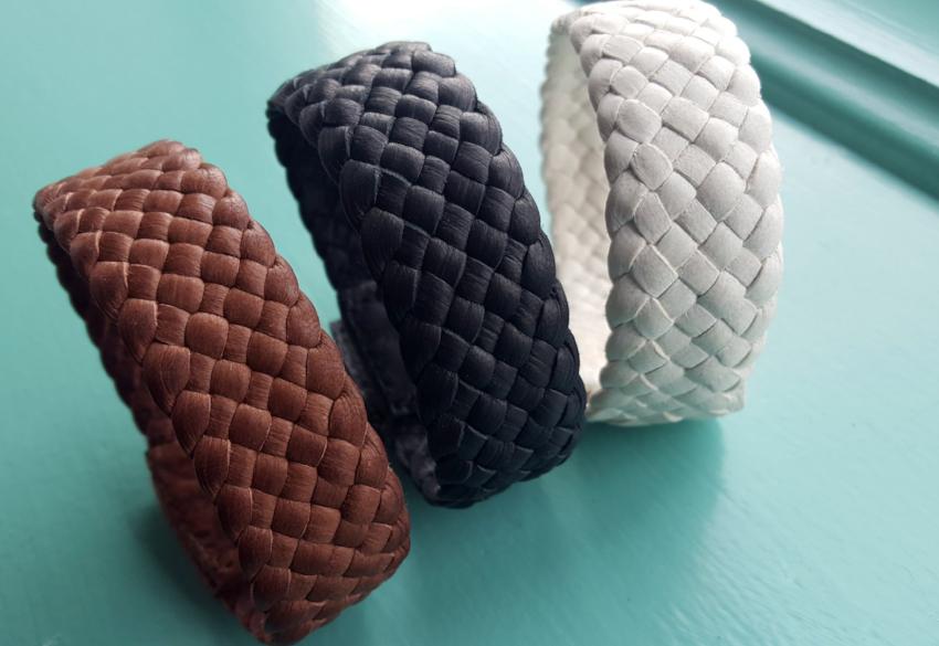 Sara Wide Braided Leather Snap Bracelet _ mahogany, black, mayonnaise