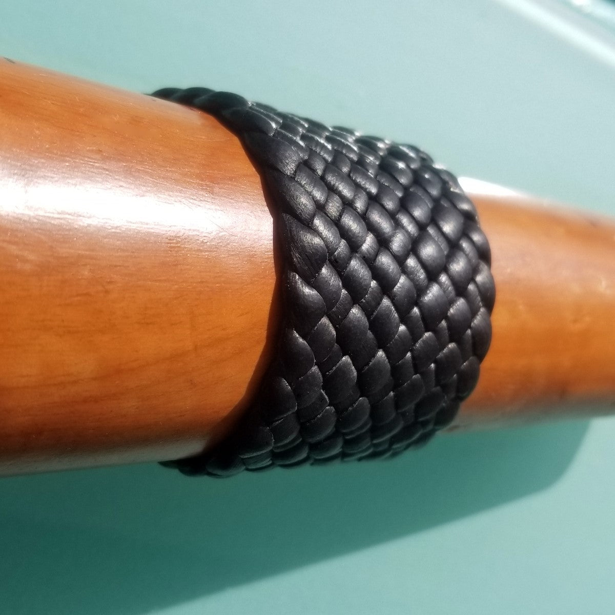 Shani Leather Bracelet, Wide Braided Leather Band Snap Cuff Bracelet, black close up