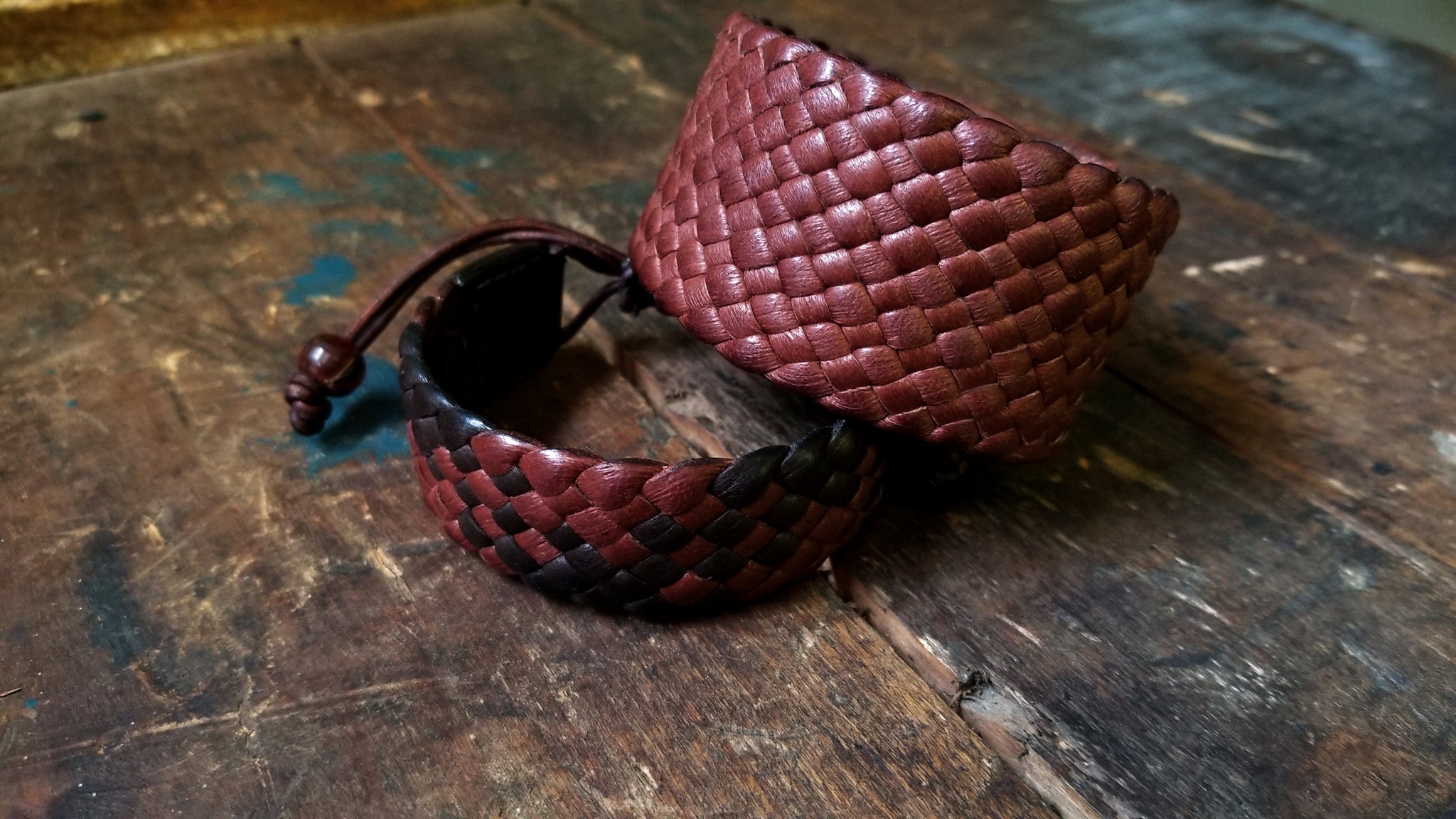1.5" Wide Braided Leather Bracelet, snap closure, mahogany deerskin