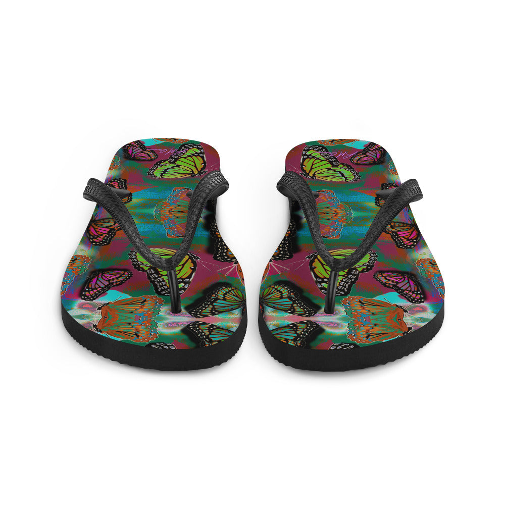 Butterfly Printed Flip-Flops, Beach Water Shoes w/ Colorful Butterflies, Black Soles and Straps, Women's Men's Rubber Sole Shower Slippers