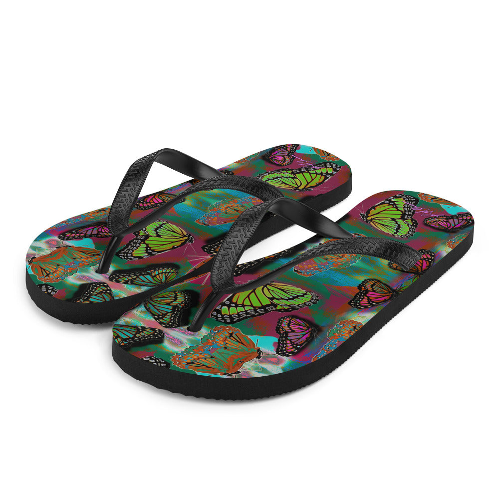 Butterfly Printed Flip-Flops, Beach Water Shoes w/ Colorful Butterflies, Black Soles and Straps, Women's Men's Rubber Sole Shower Slippers