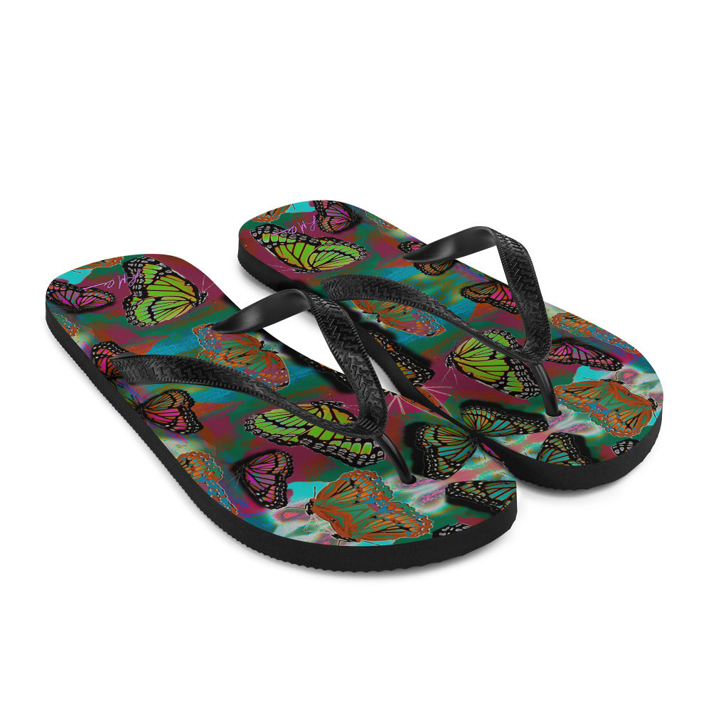 Butterfly Printed Flip-Flops, Beach Water Shoes w/ Colorful Butterflies, Black Soles and Straps, Women's Men's Rubber Sole Shower Slippers