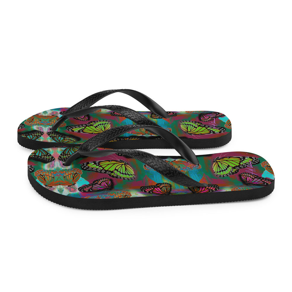 Butterfly Printed Flip-Flops, Beach Water Shoes w/ Colorful Butterflies, Black Soles and Straps, Women's Men's Rubber Sole Shower Slippers