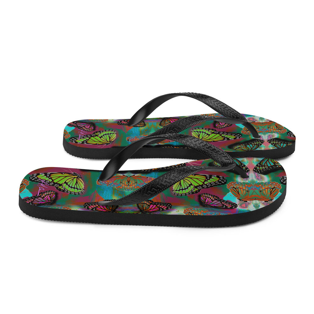 Butterfly Printed Flip-Flops, Beach Water Shoes w/ Colorful Butterflies, Black Soles and Straps, Women's Men's Rubber Sole Shower Slippers