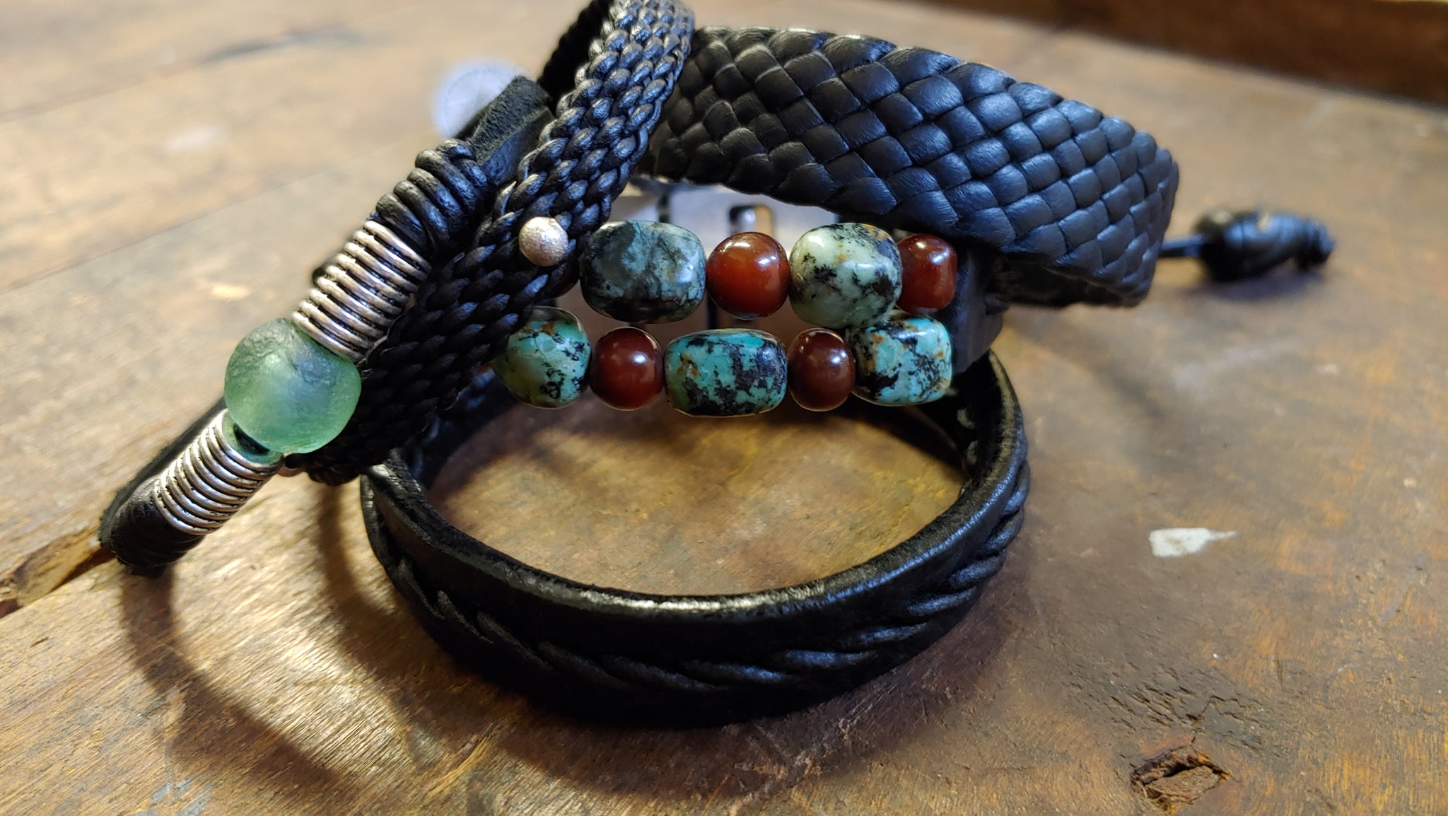 Tano - 5 leather bracelet set, African Turquoise, Red Carnelian, African Glass, Braided Leather, Beaded - All Black Leather Option