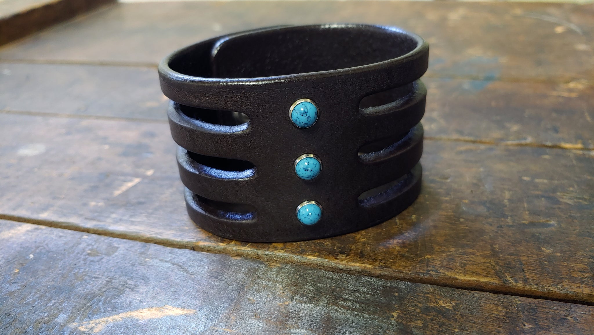 Trinity Leather Cuff, Brown Aztec Leather with turquoise rivets
