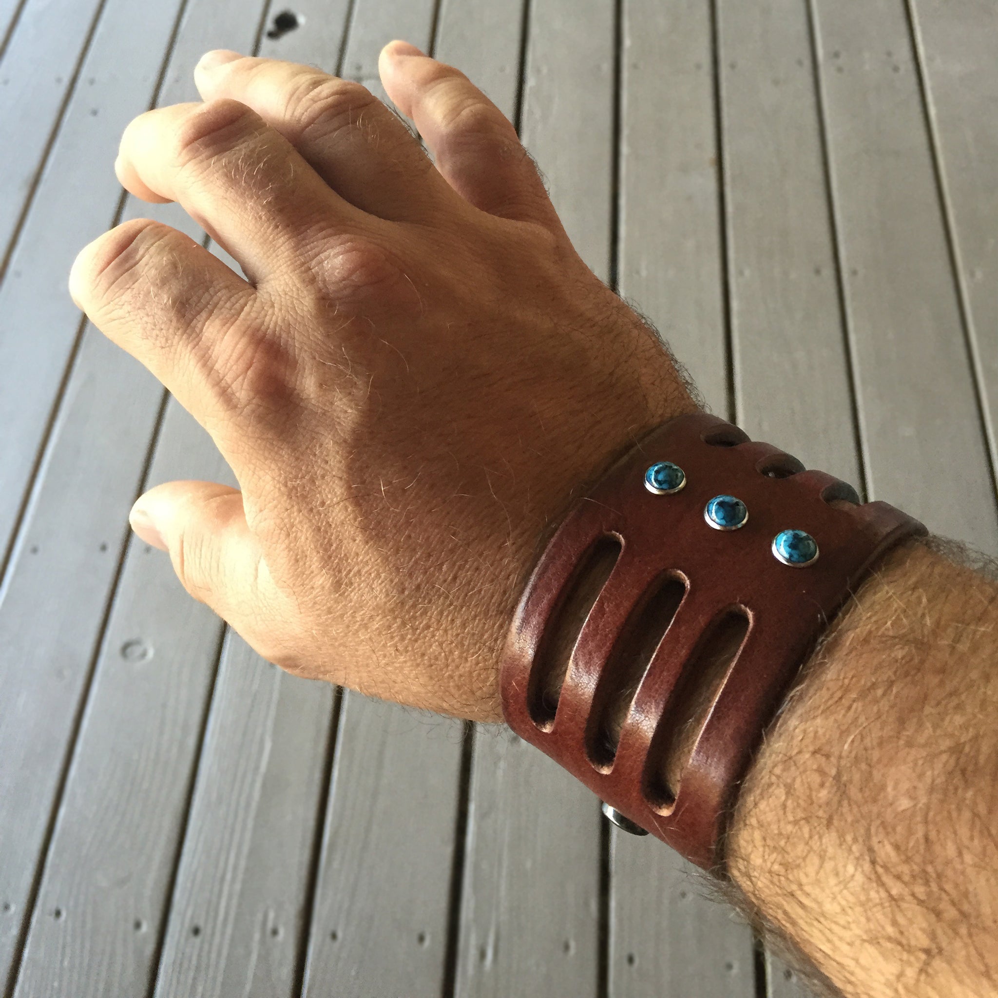 customer photo wearing Trinity Turquoise Window Wide Leather Cuff Black Chocolate or Tobacco