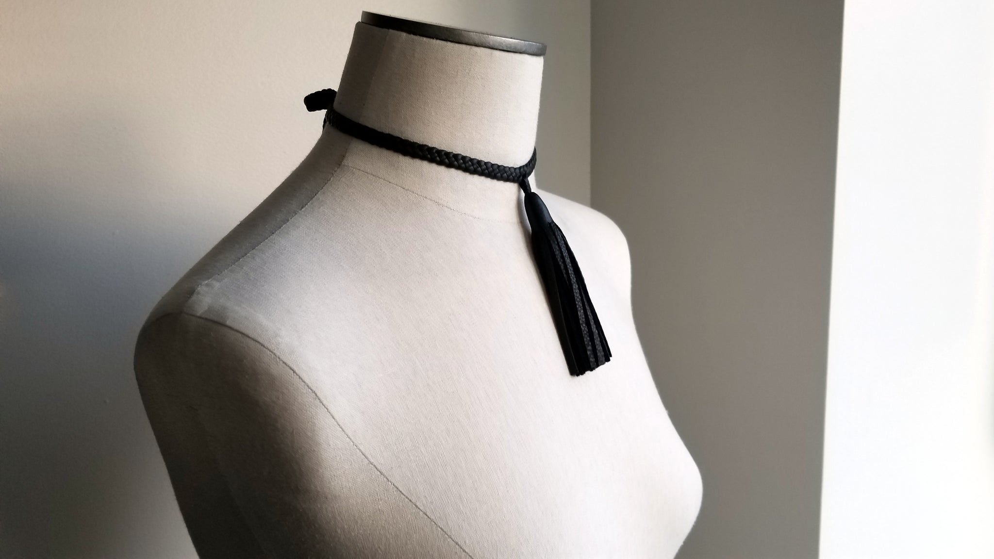 Tilu Leather Tassel Necklace front tassel, in black deerskin leather