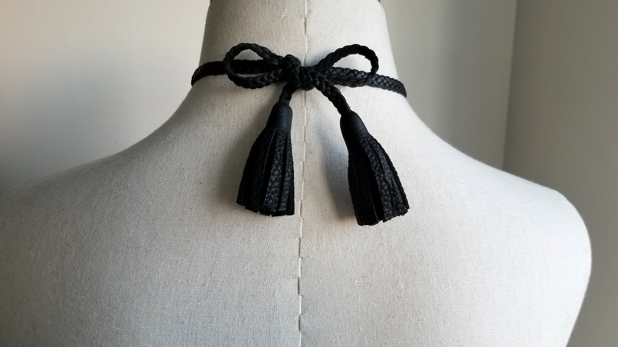 Tilu Leather Tassel Necklace back, bow and tassels, in black deerskin leather