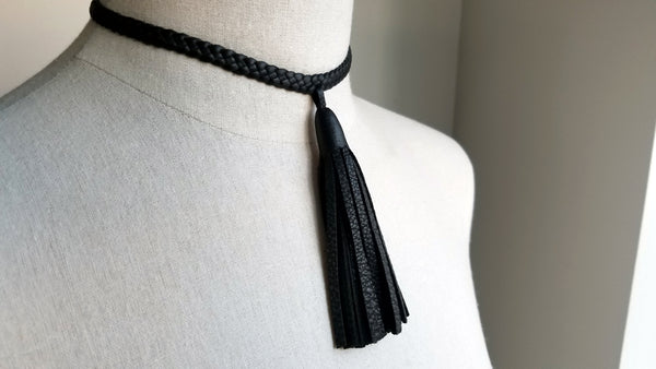 Tilu Leather Tassel Necklace front tassel, in black deerskin leather