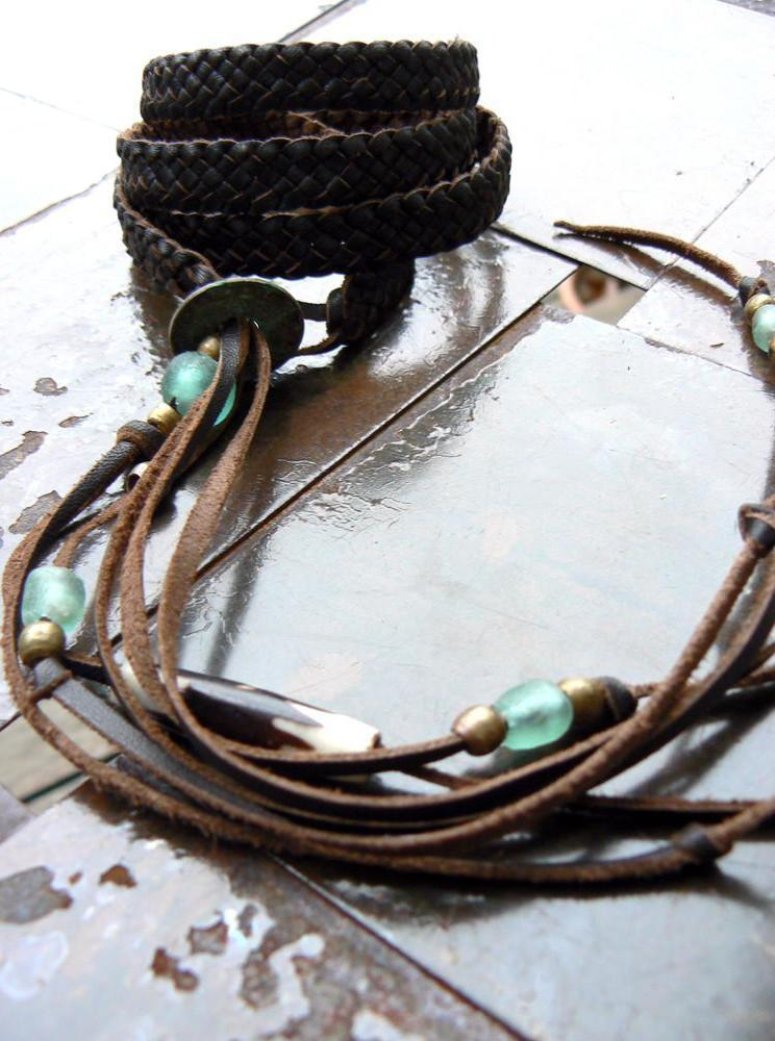 Adjustable Braided Leather Wrap Bracelet, Zuna Aquamarine African Glass, Antique Brass, African Coin & Batik Bone Bead