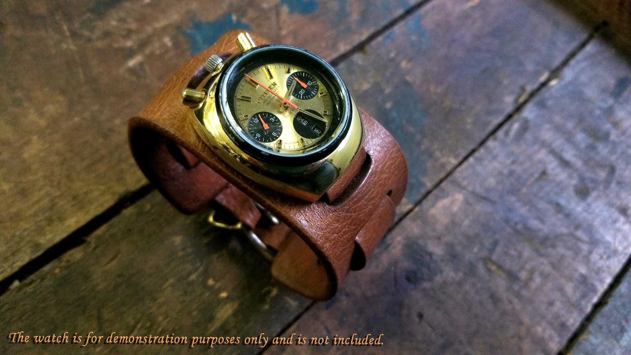 bund style military watch band featuring a Citizens 8110 Bullhead like the one worn by Brad Pitt in the movie, "Once Upon a Time in Hollywood".