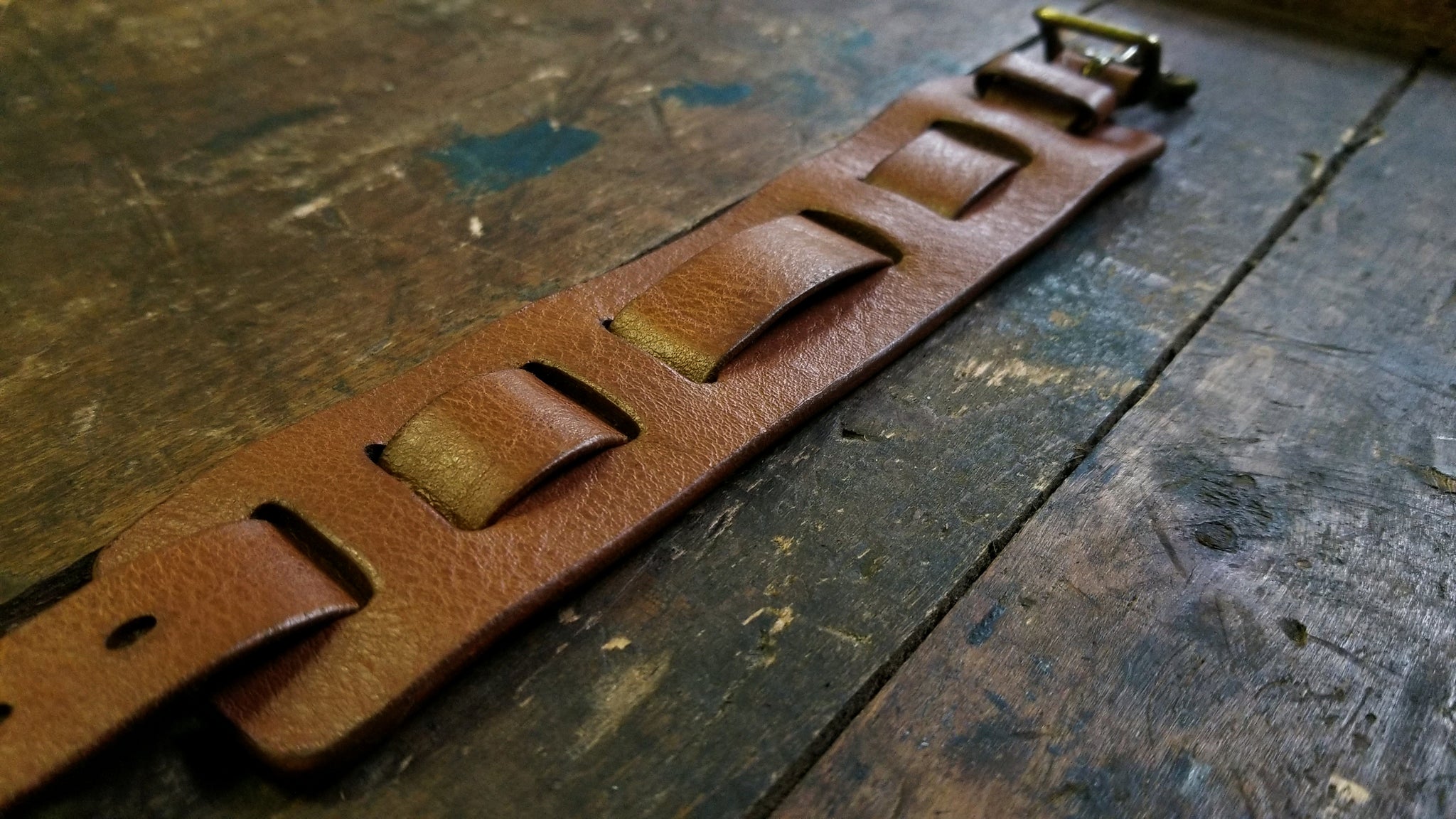 bund military style watch band in tobacco aztec leather