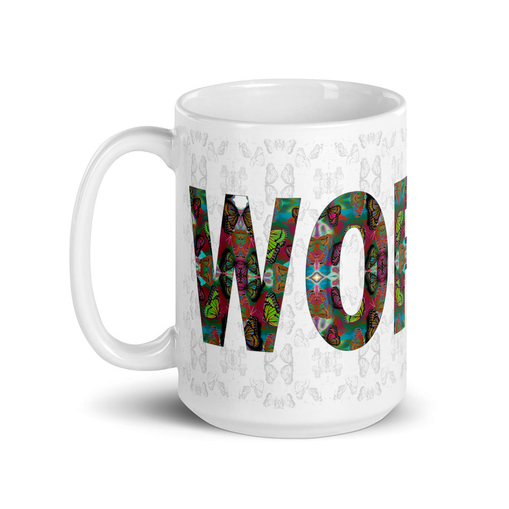 Worthy ~ LOVE ETERNAL Ceramic Mug; Colorful Butterflies, Printed Words, Word Art, Motivation Mug