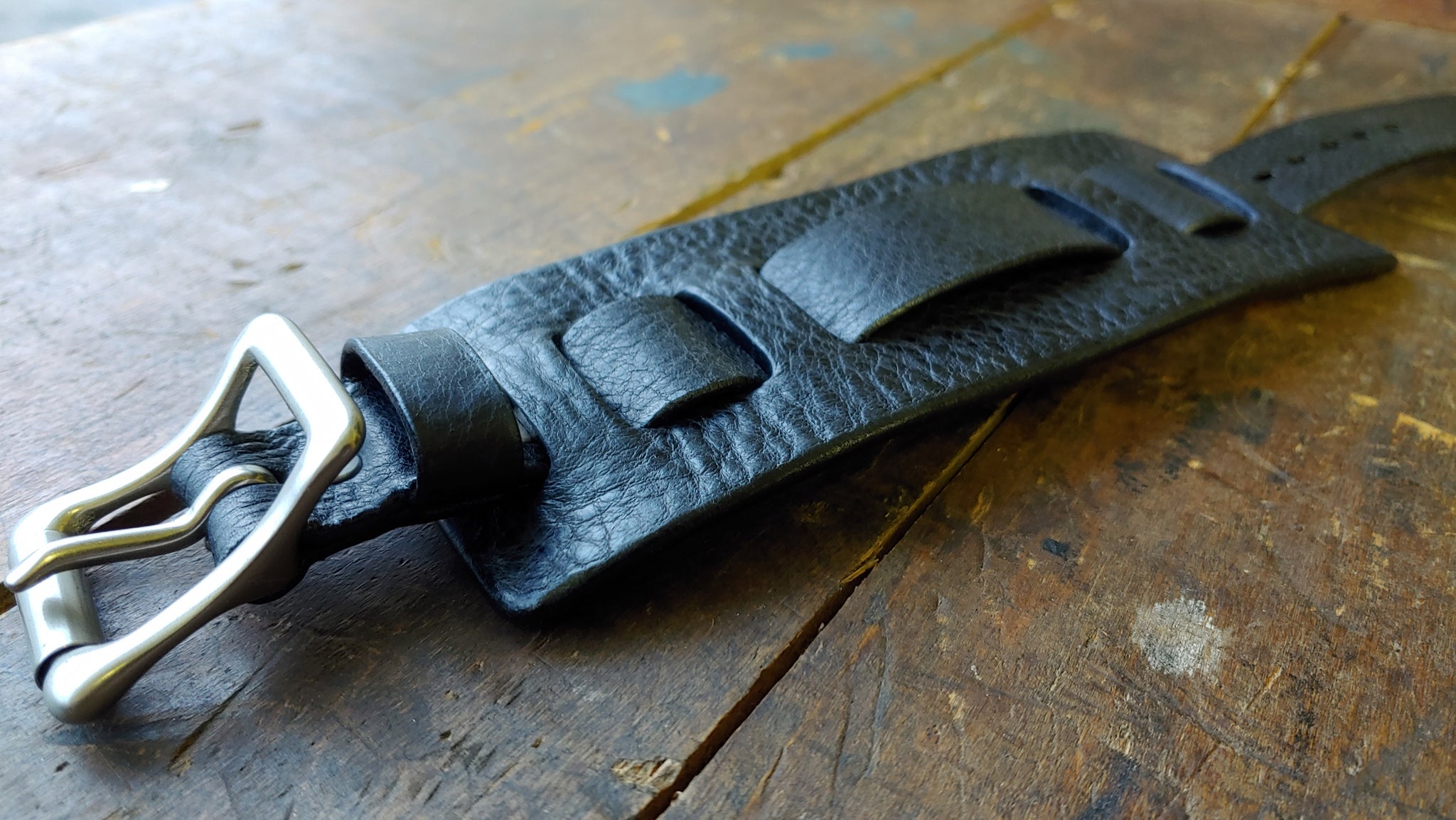 Matte Nickel Buckle and Black Aztec Leather - Extra Wide Bund Watchstrap for 48mm to 52mm watches