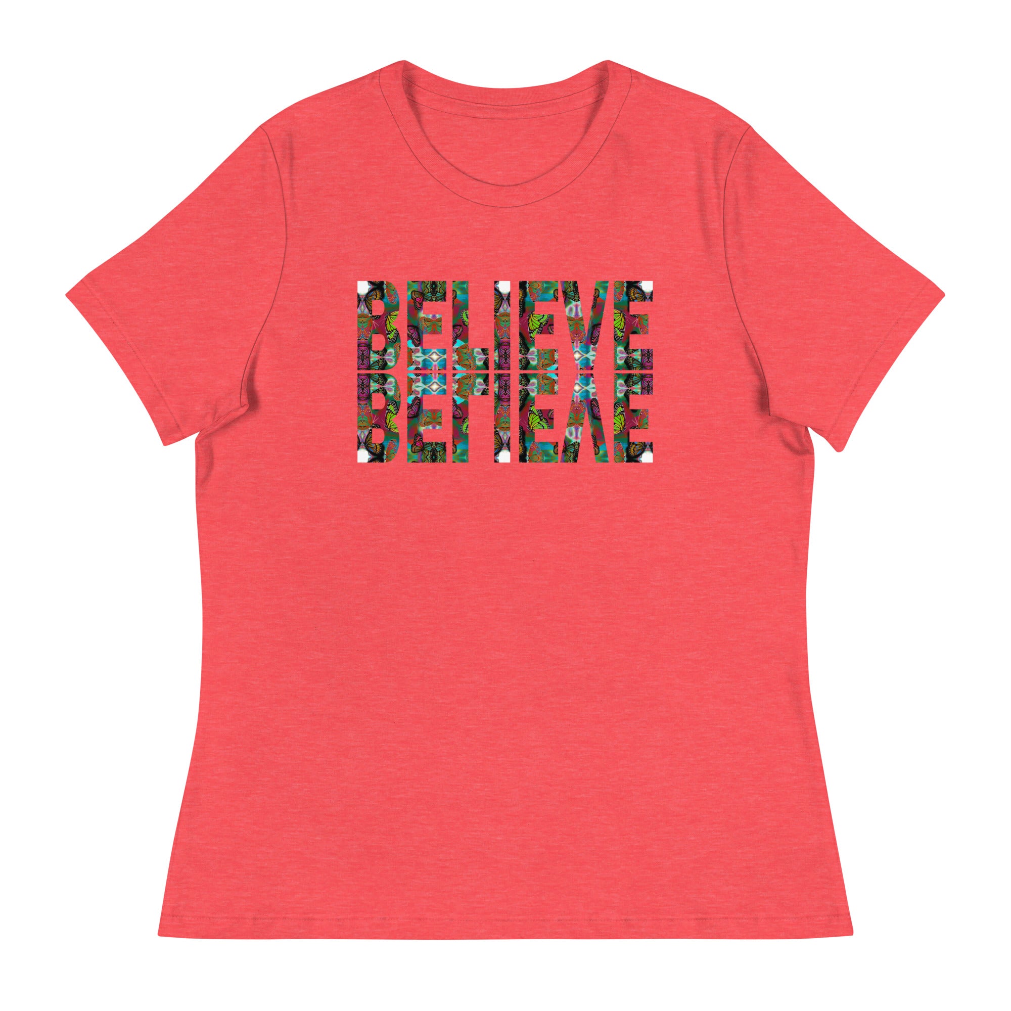 BELIEVE ~ Women's Graphic T-Shirt, Butterfly Word Art Short Sleeve Top