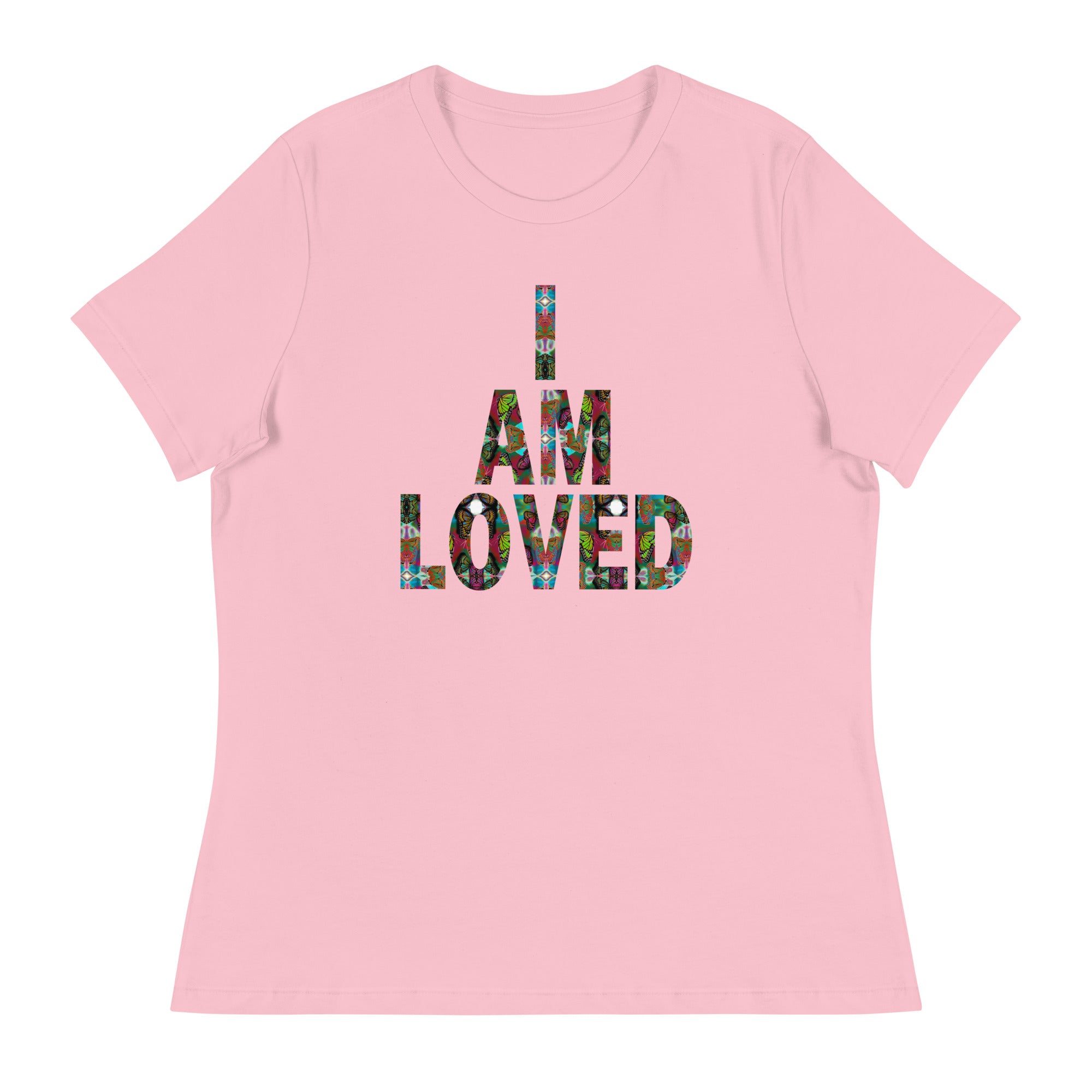 I AM LOVED ~ Women's Graphic T-Shirt, Butterfly Word Art Short Sleeve Top