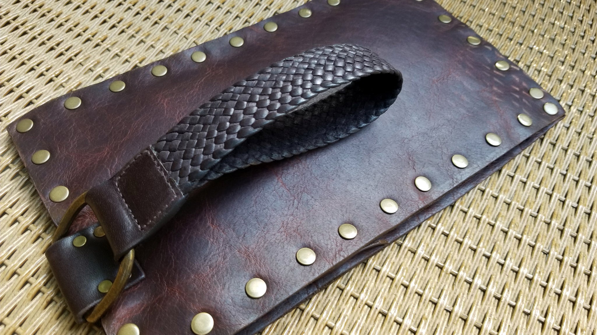 leather wristlet zippered purse, Malia, navajo bison leather in canela brown