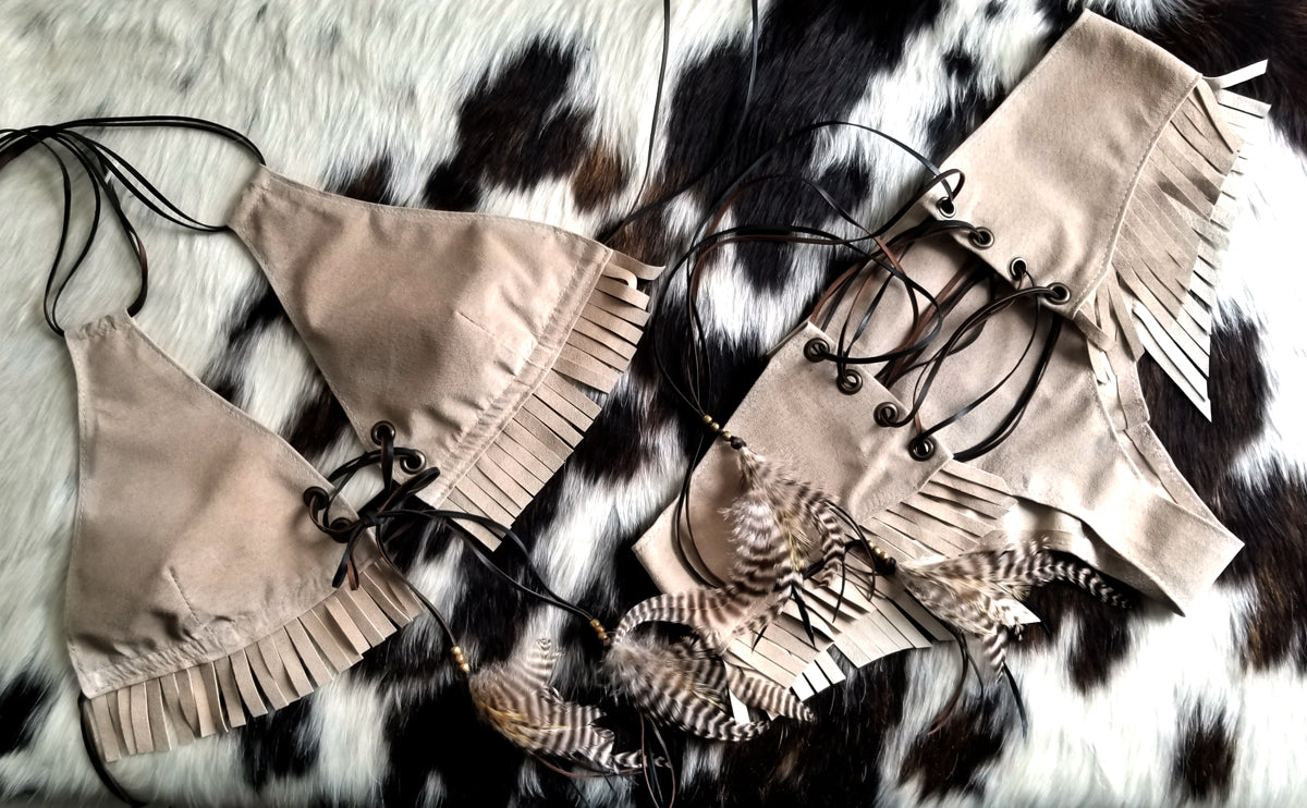 Kyra Fringe Suede Booty Shorts and Bikini Top | Lace Up Front Top & Bottom - SS1103-BT