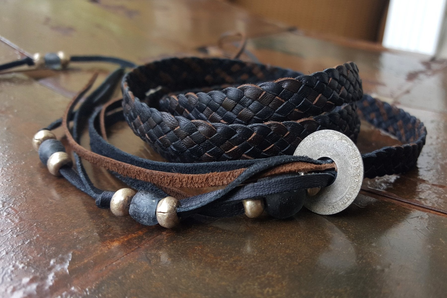 braided leather wrap bracelet, chocolate and black kangaroo leather with African beads