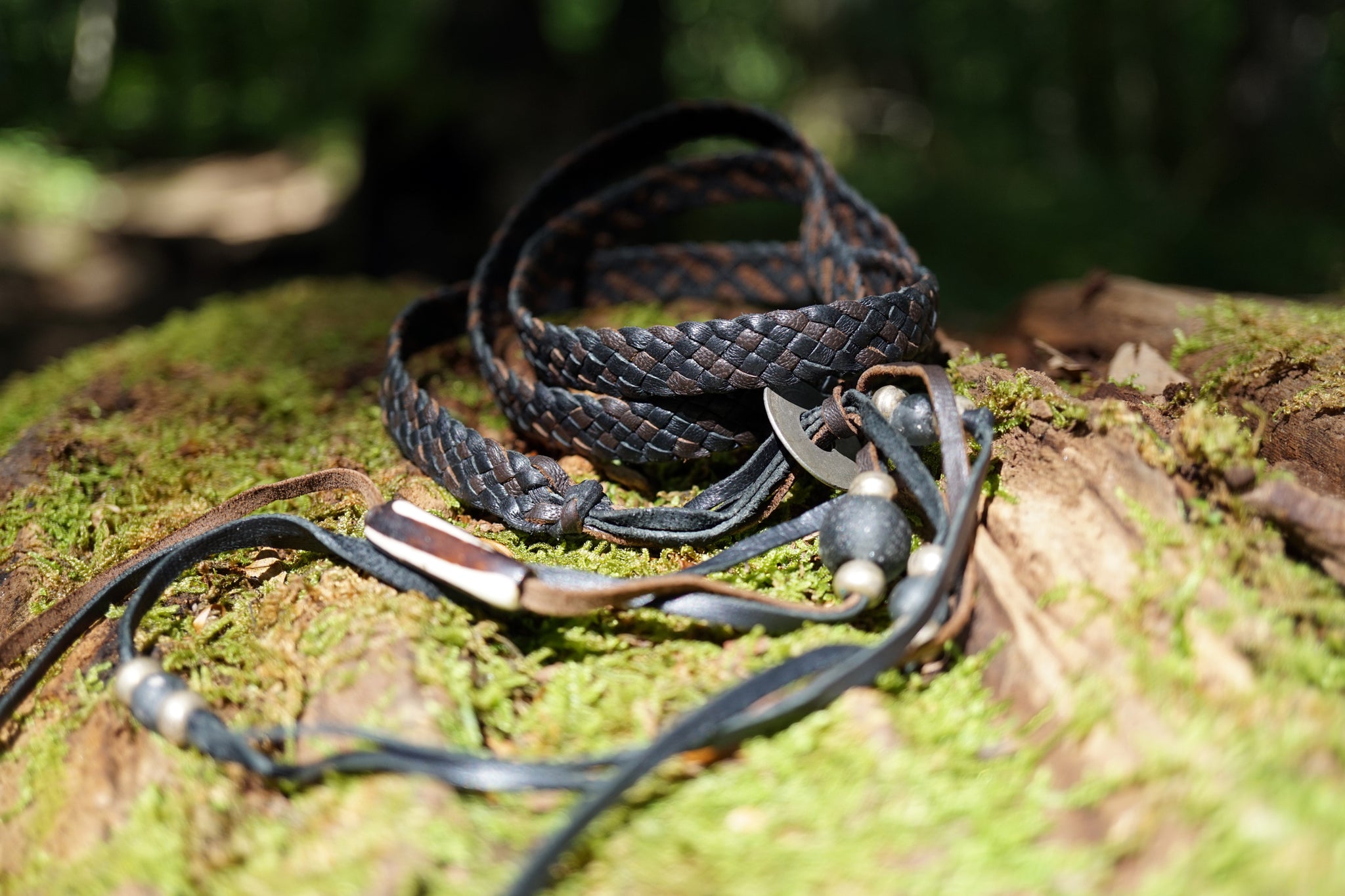 Zuna Braided Leather Wrap Bracelet, African Breads & Coin- SS1131