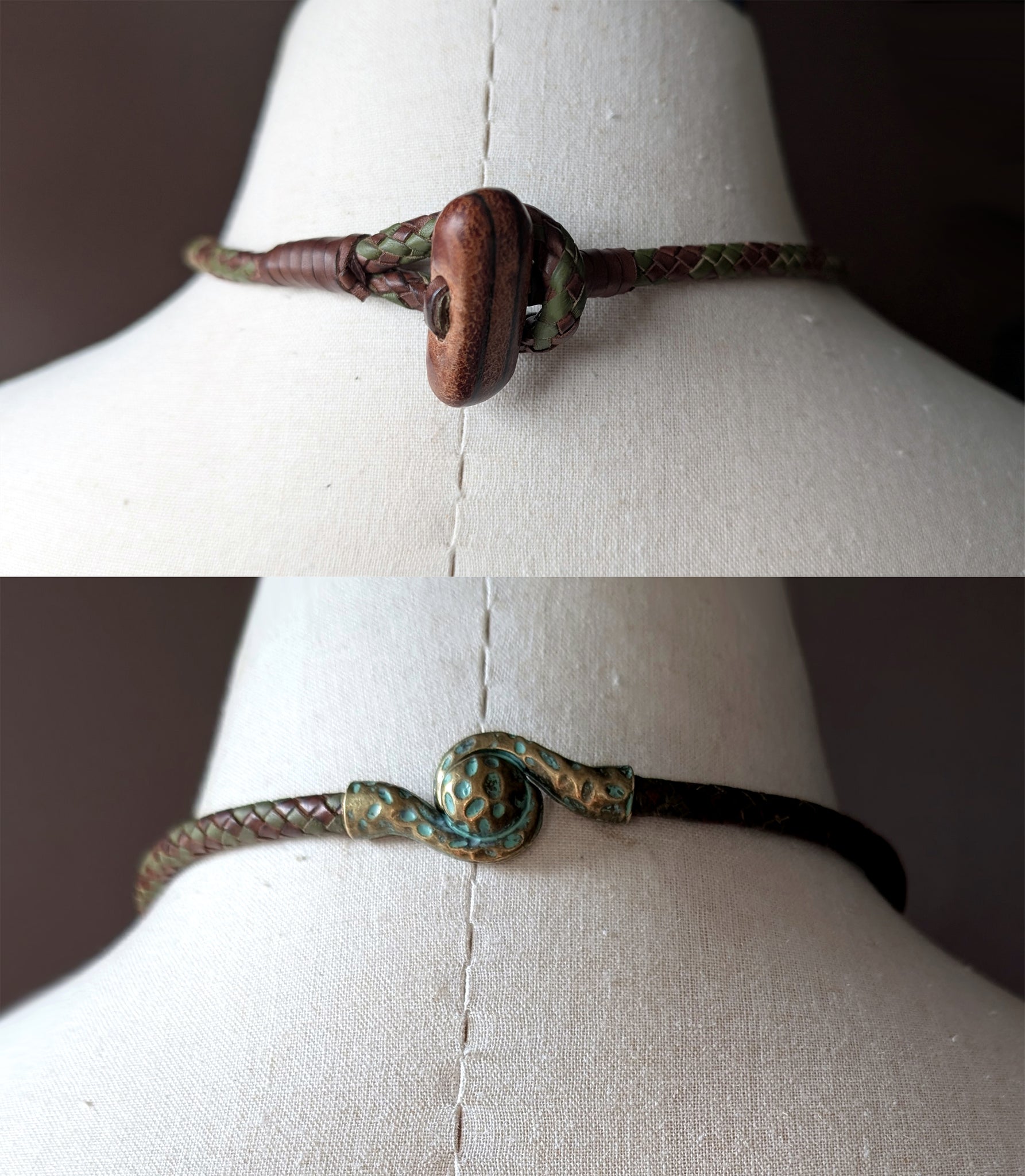 ASHIRO | Hand Braided Kangaroo Leather Necklace with Leather Wrapped African Turquoise & Sculptural Toggle Closure