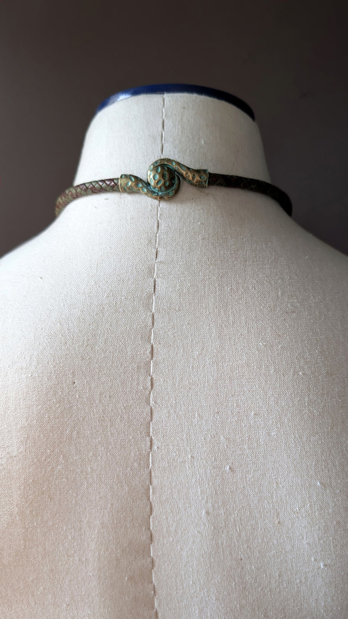 ASHIRO | Hand Braided Kangaroo Leather Necklace with Leather Wrapped African Turquoise & Sculptural Toggle Closure