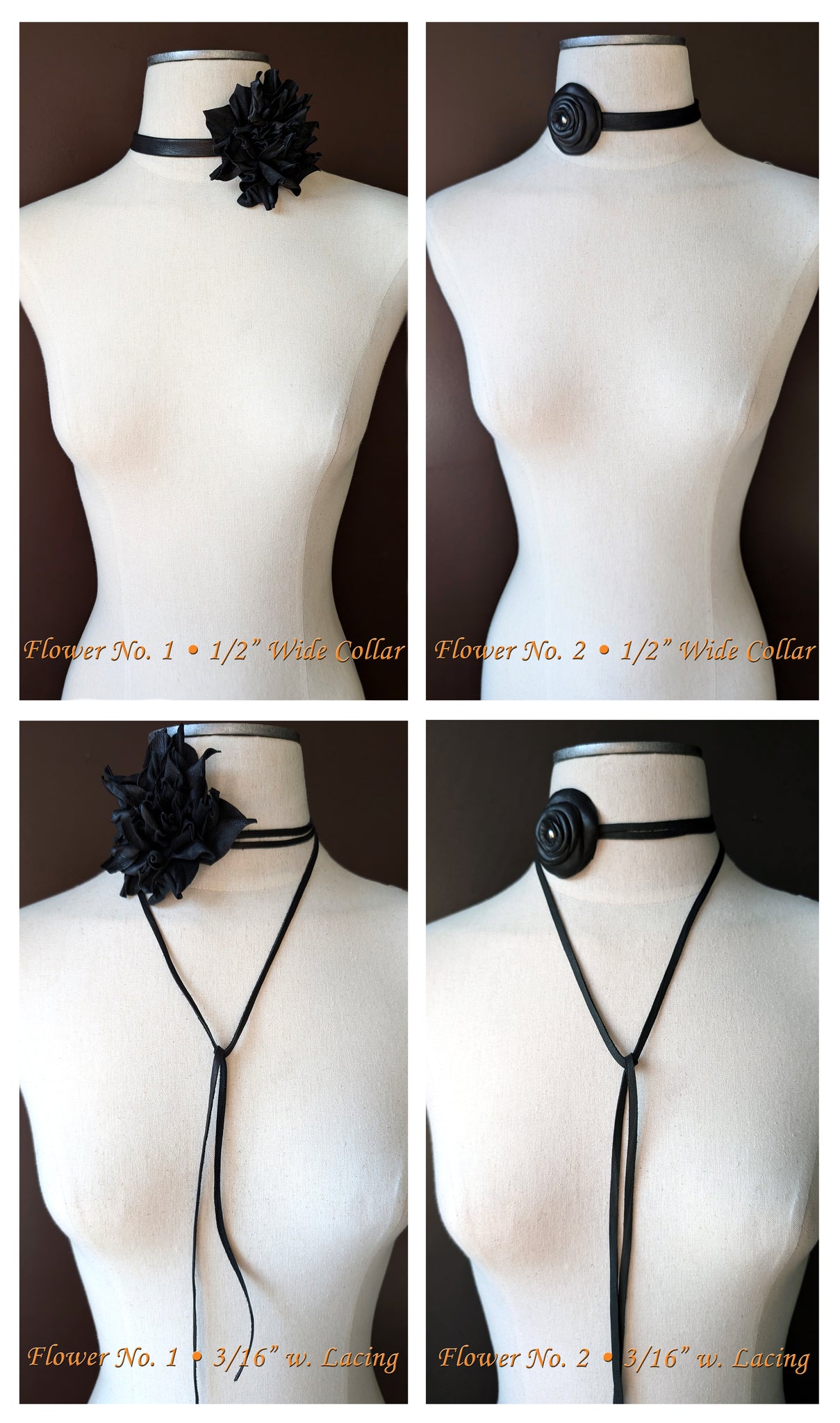 Small Leather Rose Flower Choker Necklace & Belt; Leather Ties or Leather Collar