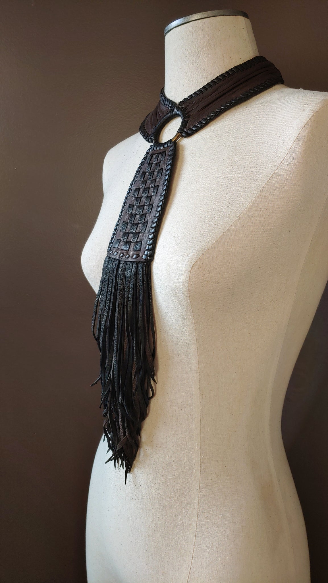 Kai Leather Necklace, Basket Weave Pendant, Crinkled Collar, Fringe, African Inspired
